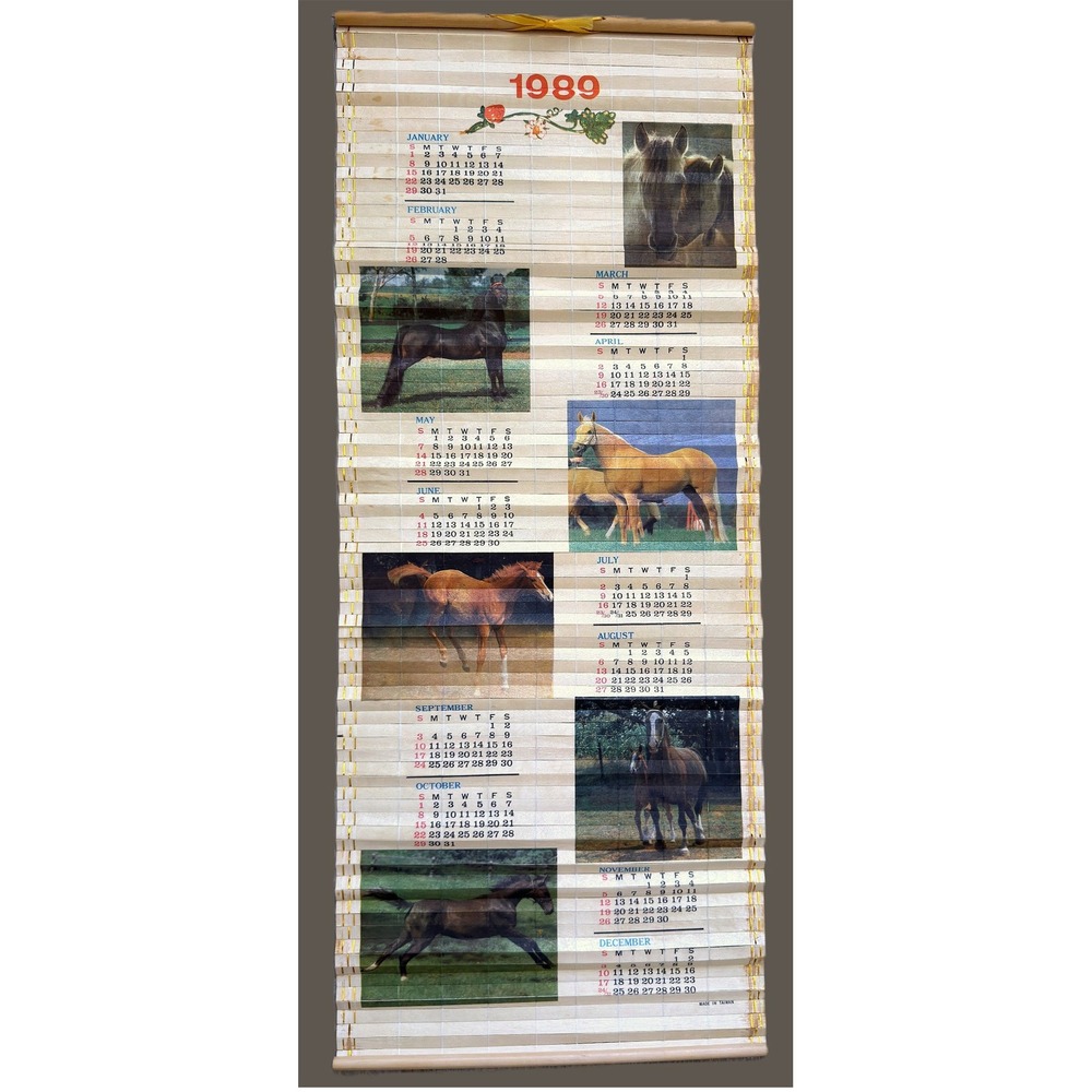 Vintage 1988-1989 Bamboo Slatted Double-Sided HORSE Calendar Roll 31.5" x 12.5"
